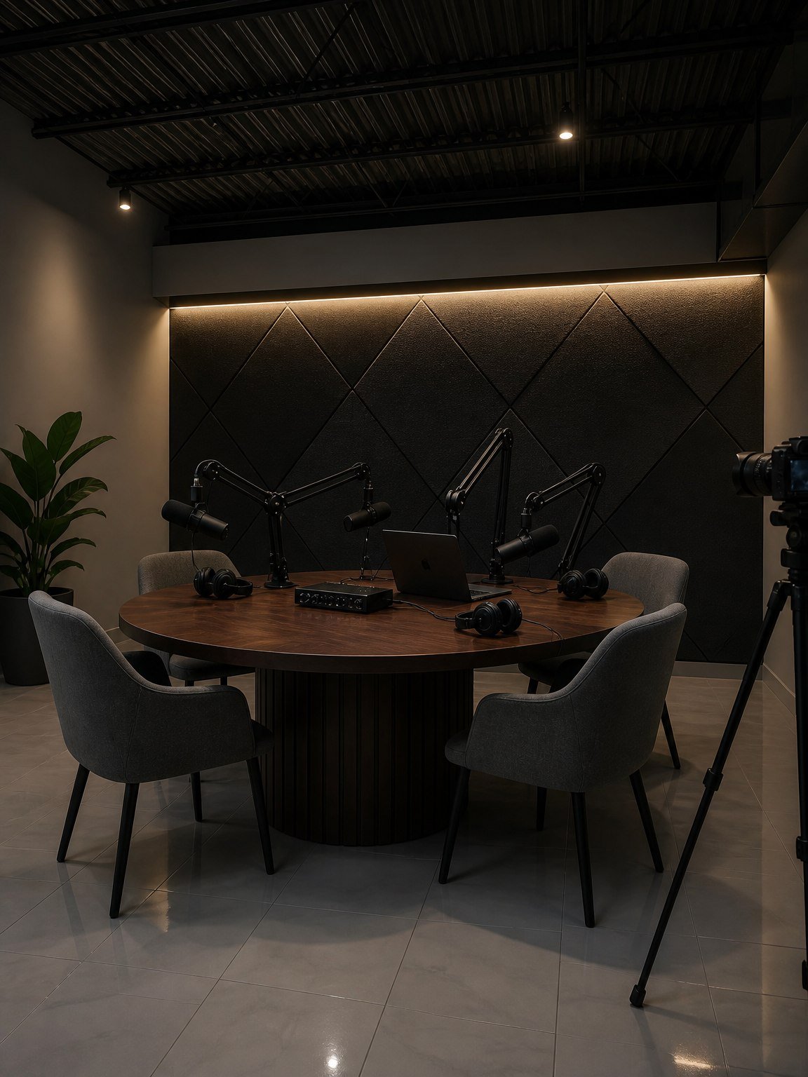 The podcast and recording room at The Hendrix with broadcast microphones and acoustic panels