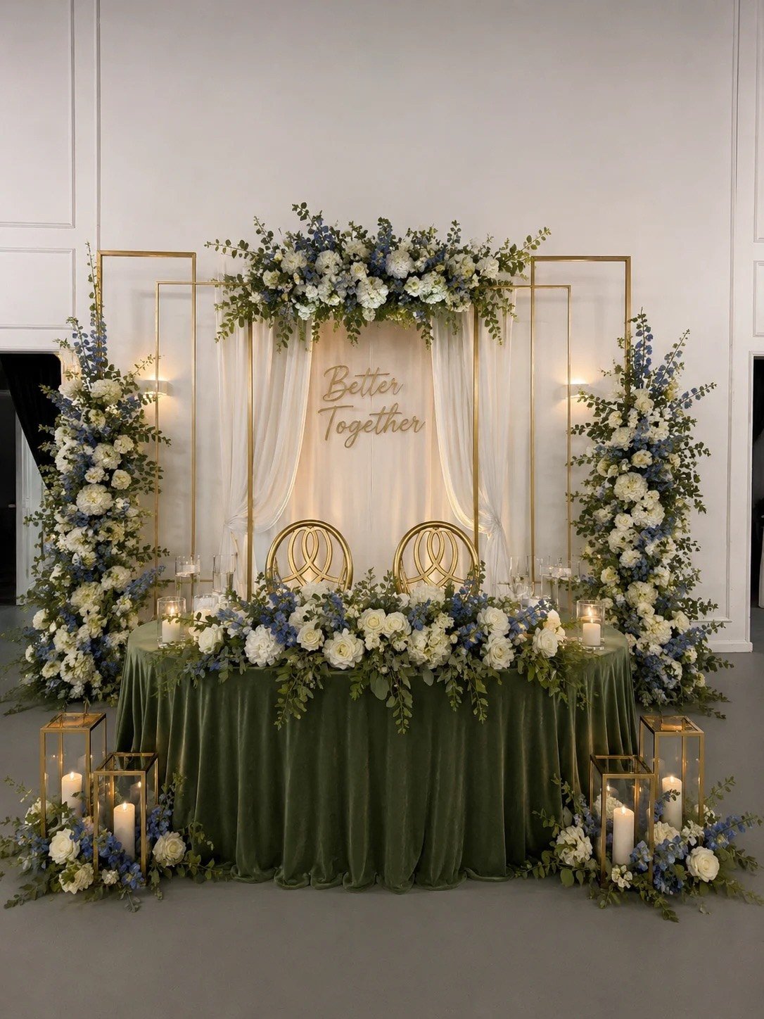 A green and white sweetheart table with a Better Together sign and blue and white florals at The Hendrix