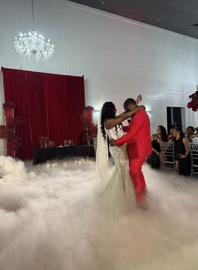 Newlyweds sharing their first dance on a cloud of dry ice in the Mansion at The Hendrix in Stafford